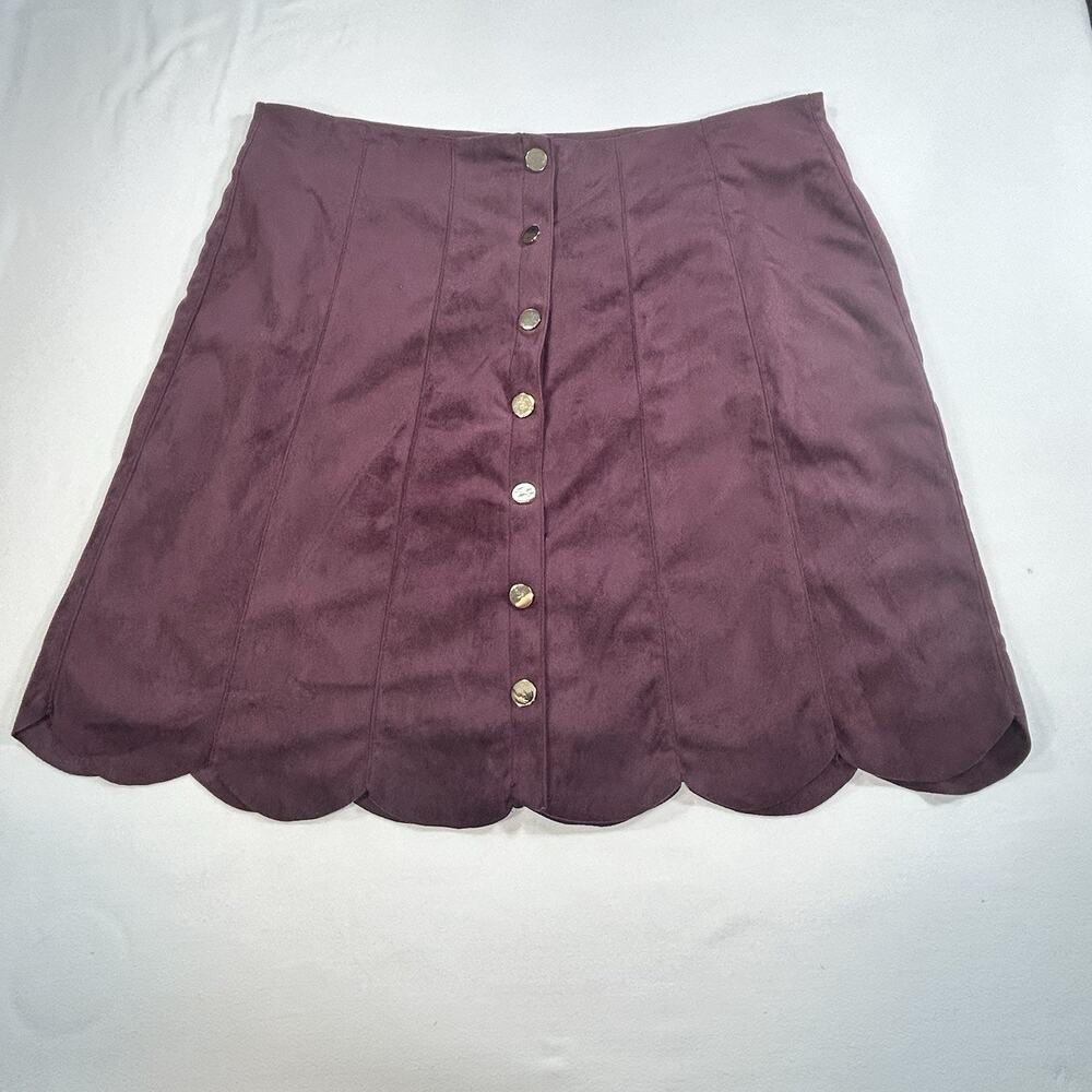 Chelsea & Theodore Suede Mini Skirt Size XL Burgundy Scalloped Button Fly